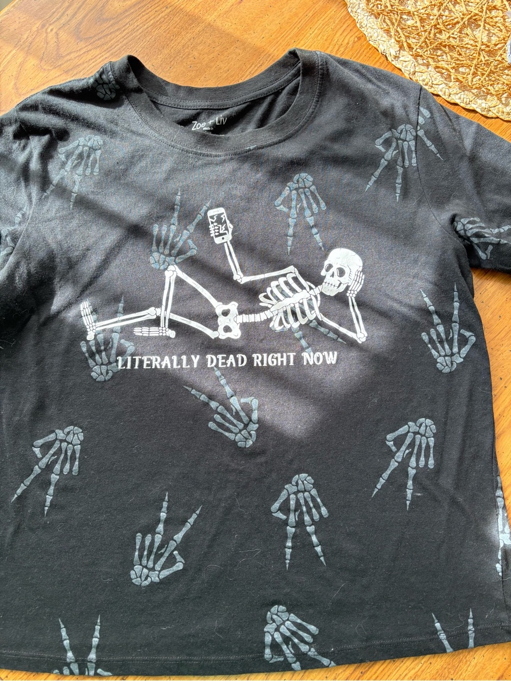 Women’s Black Graphic Tee with Skeleton Print - "Literally Dead Right Now" - Picture 2 of 6